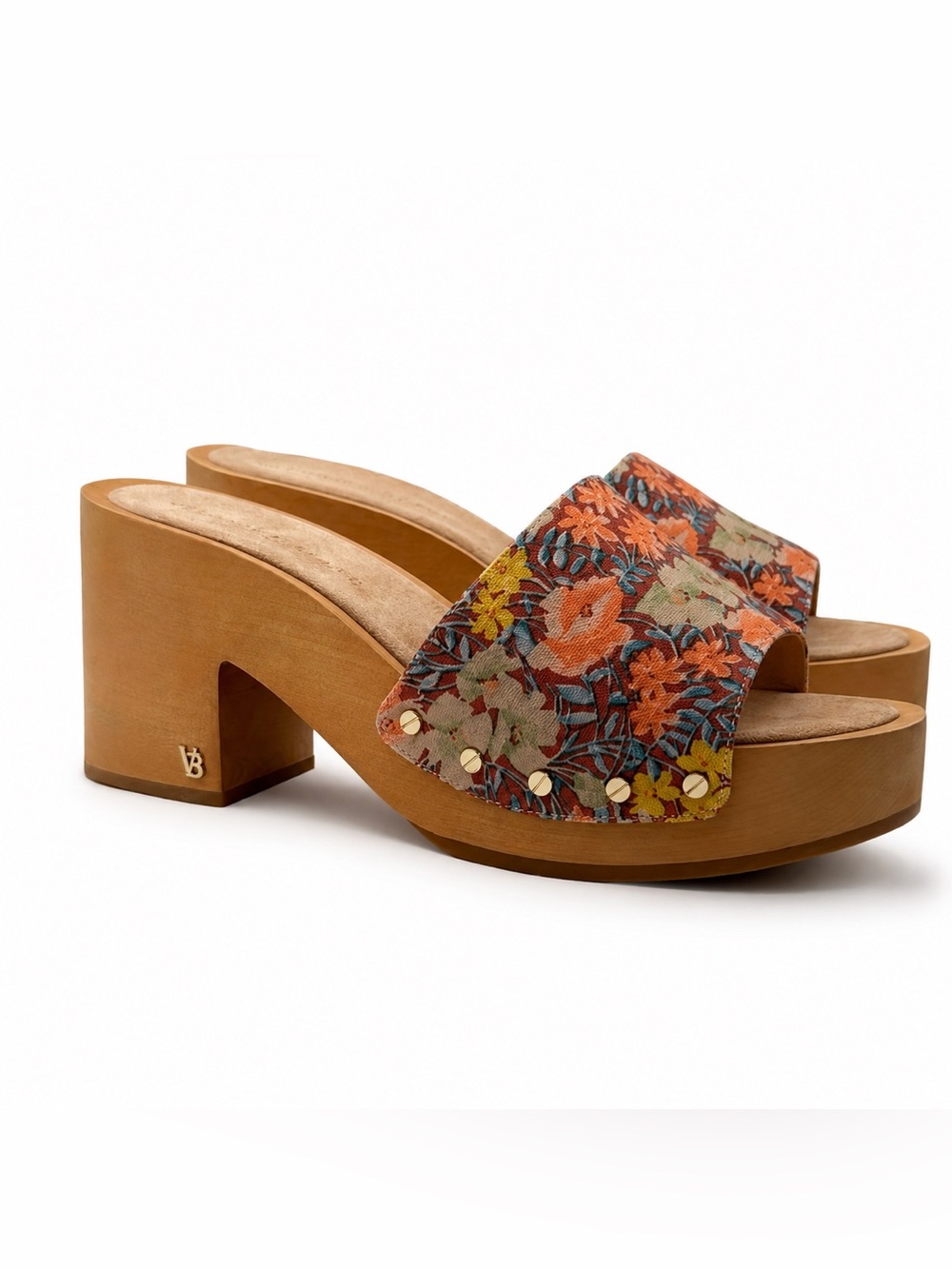 Veronica Beard Hannalee Floral Wooden Platform Slide Boho Chunky Heel Clogs